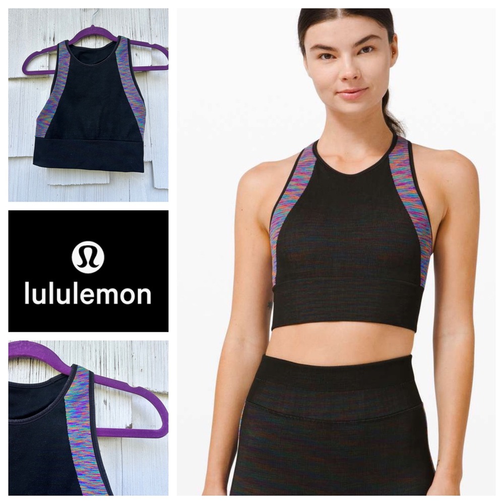 Lululemon Love Revealed Bra Black Rainbow High Neck Seamless Sports Bra Size 8